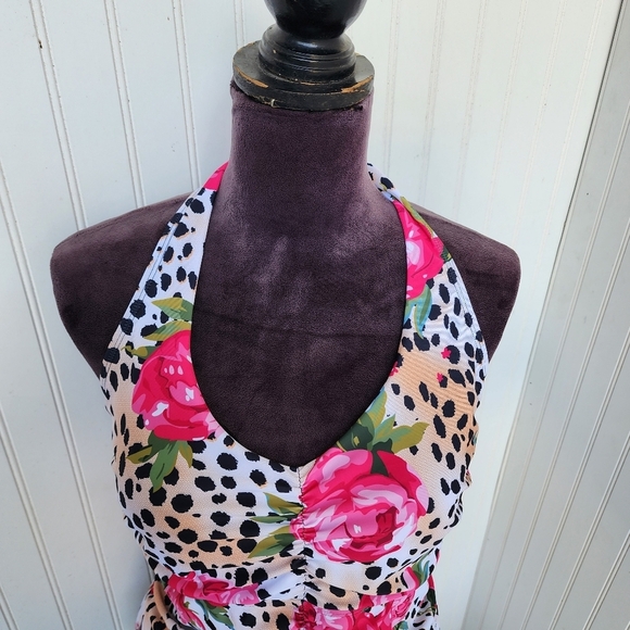 NWOT NOON SWIM Women's Ruched Halter 1 Piece Swimming Suit Leopard Floral Sz 18 - Picture 3 of 15